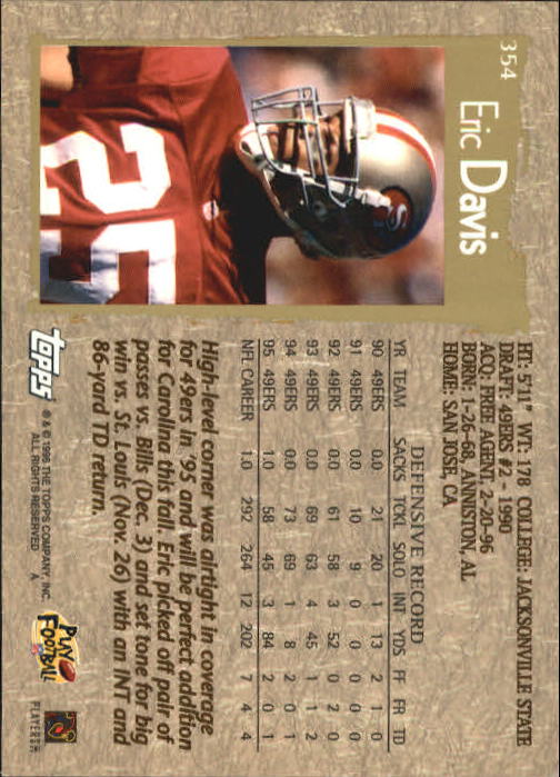 1996 Topps Football "Main Set" Cards #221 to #440 Rookies and Veterans - Picture 183 of 299