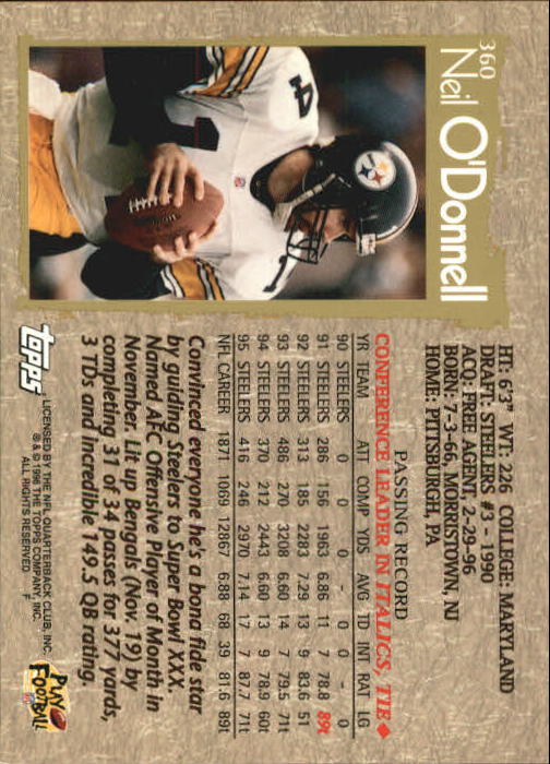 1996 Topps Football "Main Set" Cards #221 to #440 Rookies and Veterans - Picture 189 of 299