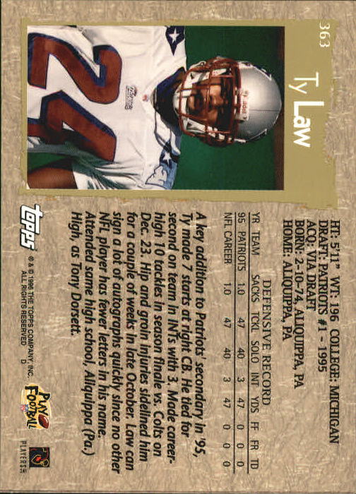 1996 Topps Football "Main Set" Cards #221 to #440 Rookies and Veterans - Picture 193 of 299