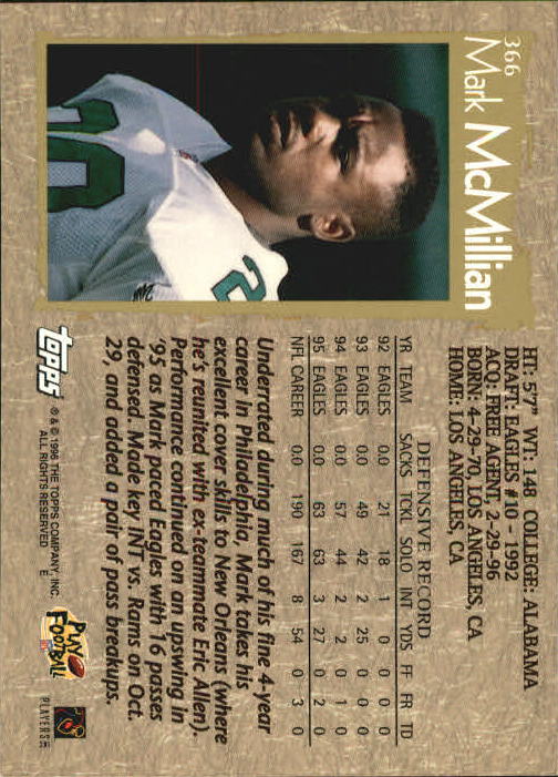 1996 Topps Football "Main Set" Cards #221 to #440 Rookies and Veterans - Picture 199 of 299