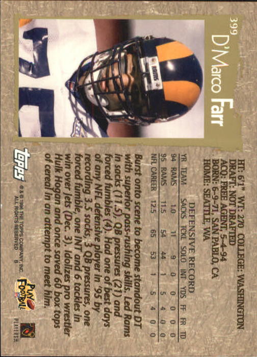 1996 Topps Football "Main Set" Cards #221 to #440 Rookies and Veterans - Picture 247 of 299