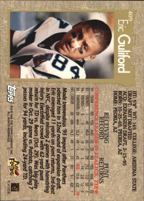 1996 Topps Football "Main Set" Cards #221 to #440 Rookies and Veterans - Picture 259 of 299