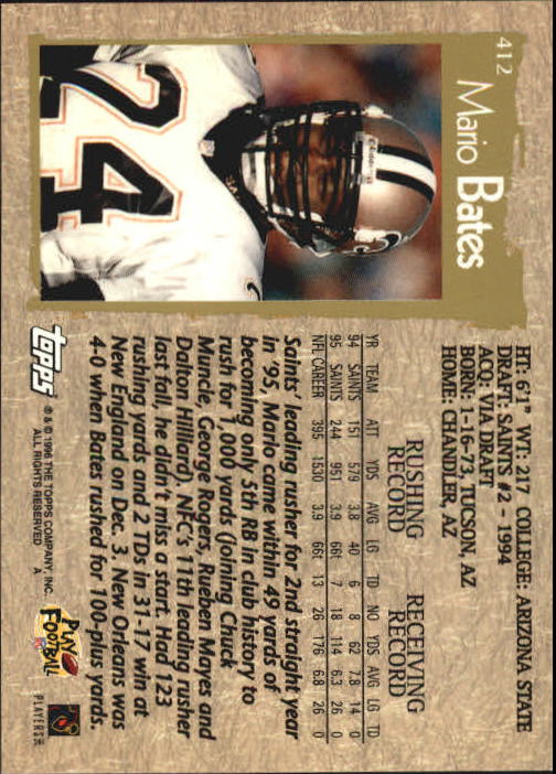 1996 Topps Football "Main Set" Cards #221 to #440 Rookies and Veterans - Picture 263 of 299