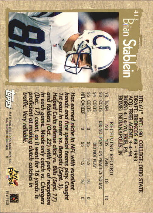 1996 Topps Football "Main Set" Cards #221 to #440 Rookies and Veterans - Picture 265 of 299