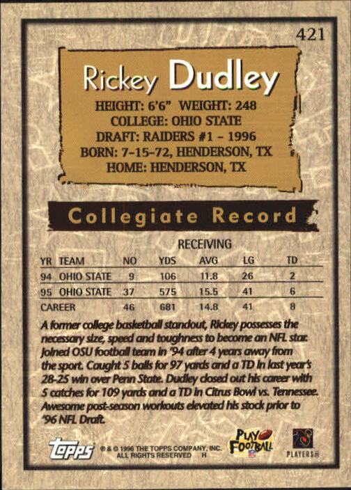 1996 Topps Football "Main Set" Cards #221 to #440 Rookies and Veterans - Picture 277 of 299