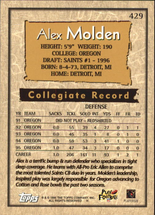 1996 Topps Football "Main Set" Cards #221 to #440 Rookies and Veterans - Picture 281 of 299