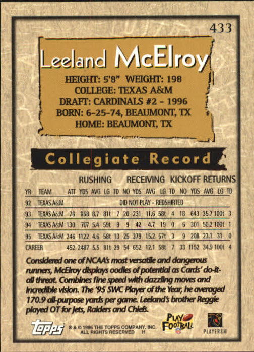 1996 Topps Football "Main Set" Cards #221 to #440 Rookies and Veterans - Picture 287 of 299