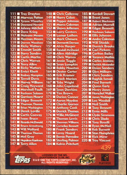 1996 Topps Football "Main Set" Cards #221 to #440 Rookies and Veterans - Picture 297 of 299