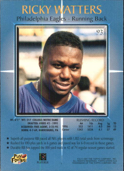 1997 Topps Stars Football "Main Set" Cards #1 to #125 Rookies and Veterans - Picture 129 of 171