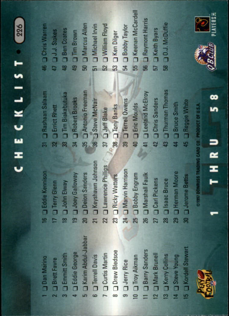 1997 Donruss Football "Main Set" Cards #1 to #230 Rookies and Veterans - Picture 437 of 445