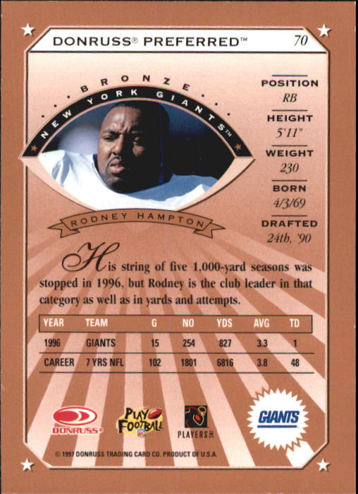 1997 Donruss Preferred Football "Main Set" Cards #1 to 150 Rookies and Veterans - Picture 49 of 147