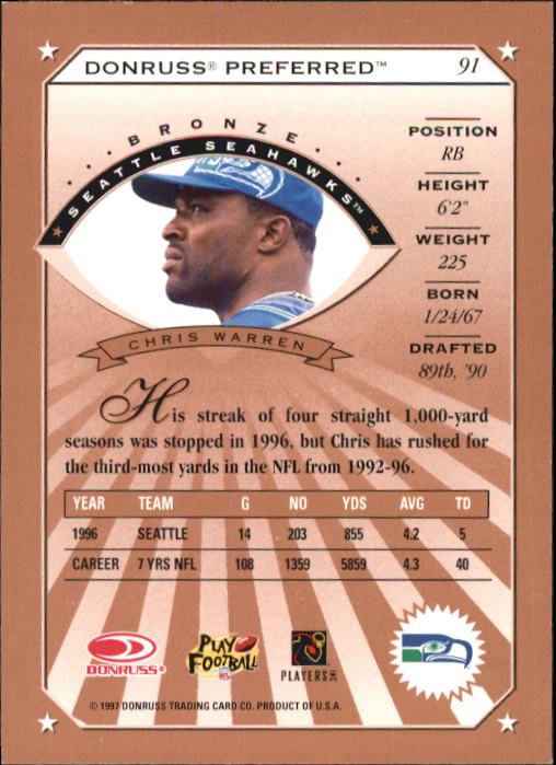 1997 Donruss Preferred Football "Main Set" Cards #1 to 150 Rookies and Veterans - Picture 75 of 147