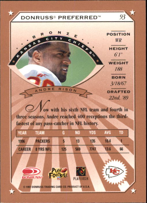 1997 Donruss Preferred Football "Main Set" Cards #1 to 150 Rookies and Veterans - Picture 79 of 147