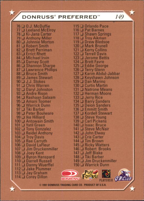 1997 Donruss Preferred Football "Main Set" Cards #1 to 150 Rookies and Veterans - Picture 145 of 147