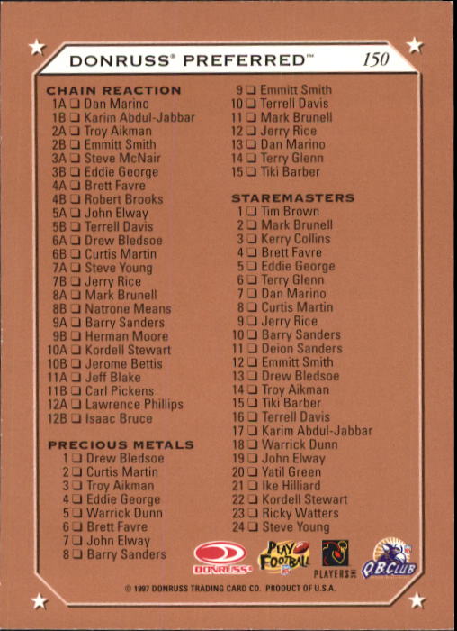 1997 Donruss Preferred Football "Main Set" Cards #1 to 150 Rookies and Veterans - Picture 147 of 147