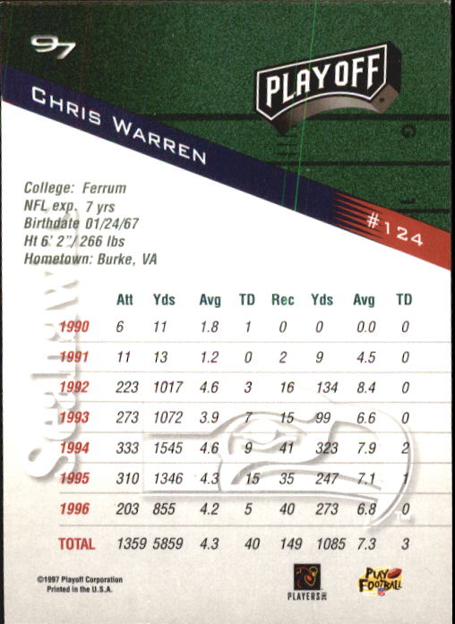 1997 Playoff Zone Football "Main Set" Cards #1 to #150 Rookies and Veterans - Picture 207 of 249