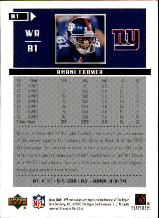 A7875- 2003 Upper Deck MVP FB Cards 1-250 +Rookies -You Pick- 15+ FREE US SHIP