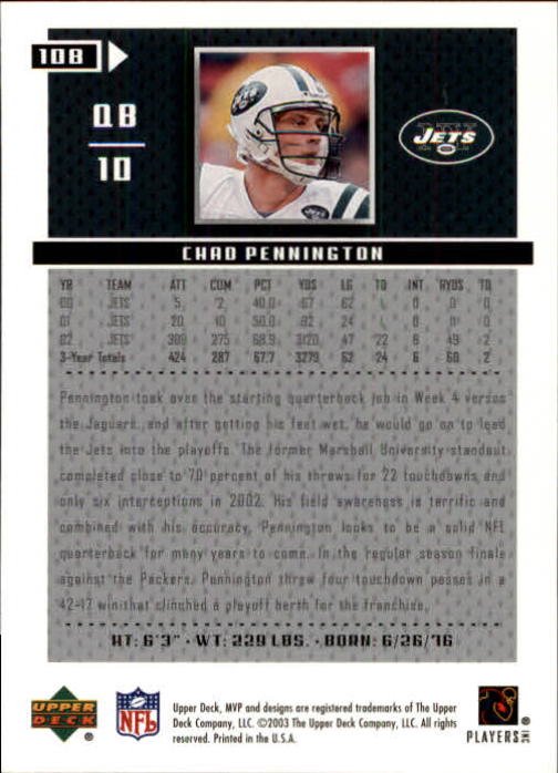 A7875- 2003 Upper Deck MVP FB Cards 1-250 +Rookies -You Pick- 15+ FREE US SHIP