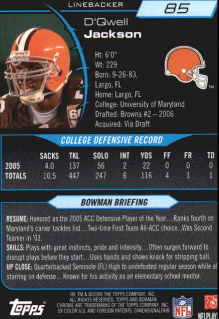 2006 Bowman Chrome Football Part 2 Main Set Rookie Cards #1-110 #221-275 - Picture 171 of 325