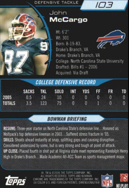 2006 Bowman Chrome Football Part 2 Main Set Rookie Cards #1-110 #221-275 - Picture 207 of 325