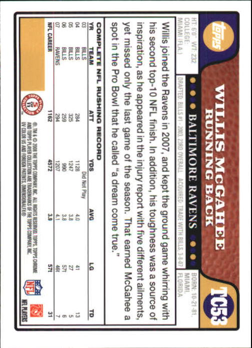 2008 Topps Chrome Football Part 1 Main Set Veterans Cards #TC1 to #TC165 - Picture 101 of 317