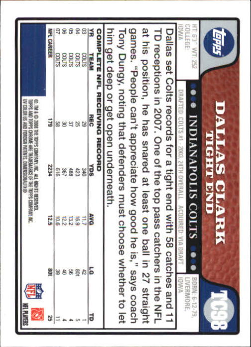 2008 Topps Chrome Football Part 1 Main Set Veterans Cards #TC1 to #TC165 - Picture 191 of 317