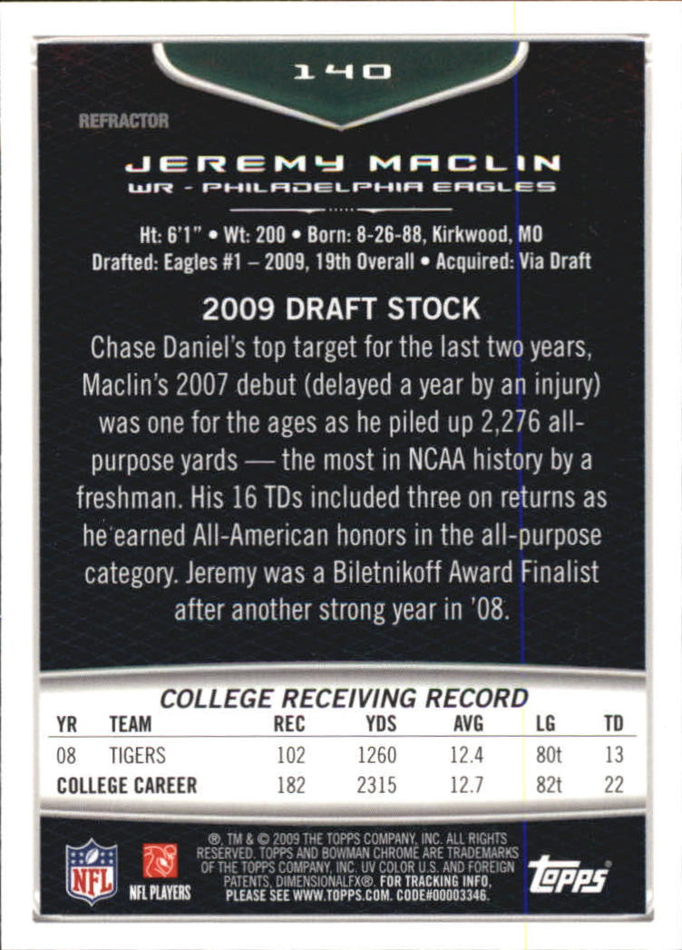 2009 Bowman Chrome Football Part 2 Parallel Refractors Cards - Picture 153 of 217