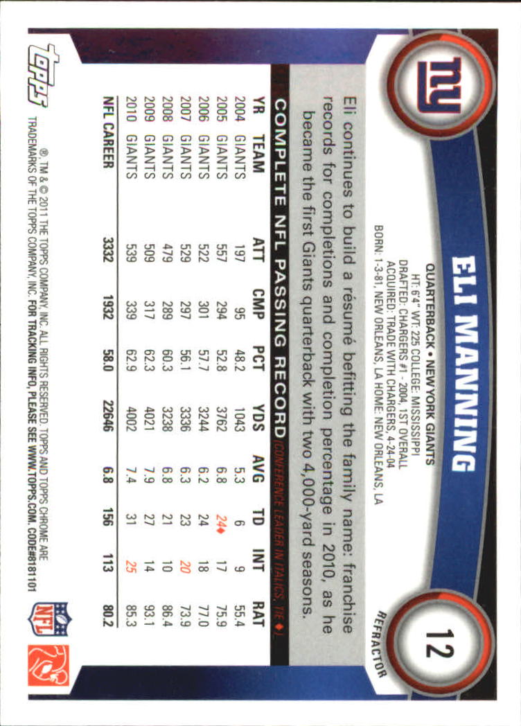 2011 Topps Chrome Football Part 2 Parallel Refractors Cards - Picture 55 of 177