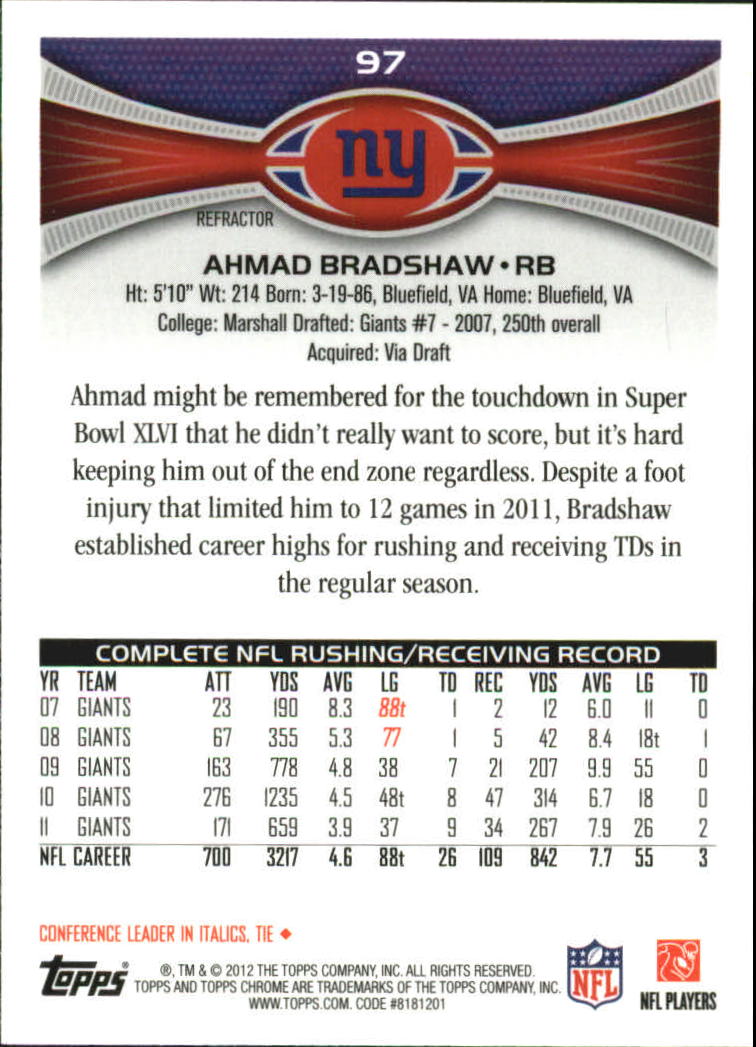 2012 Topps Chrome Football Part 2 Regular Refractors Parallel Cards - Picture 70 of 168