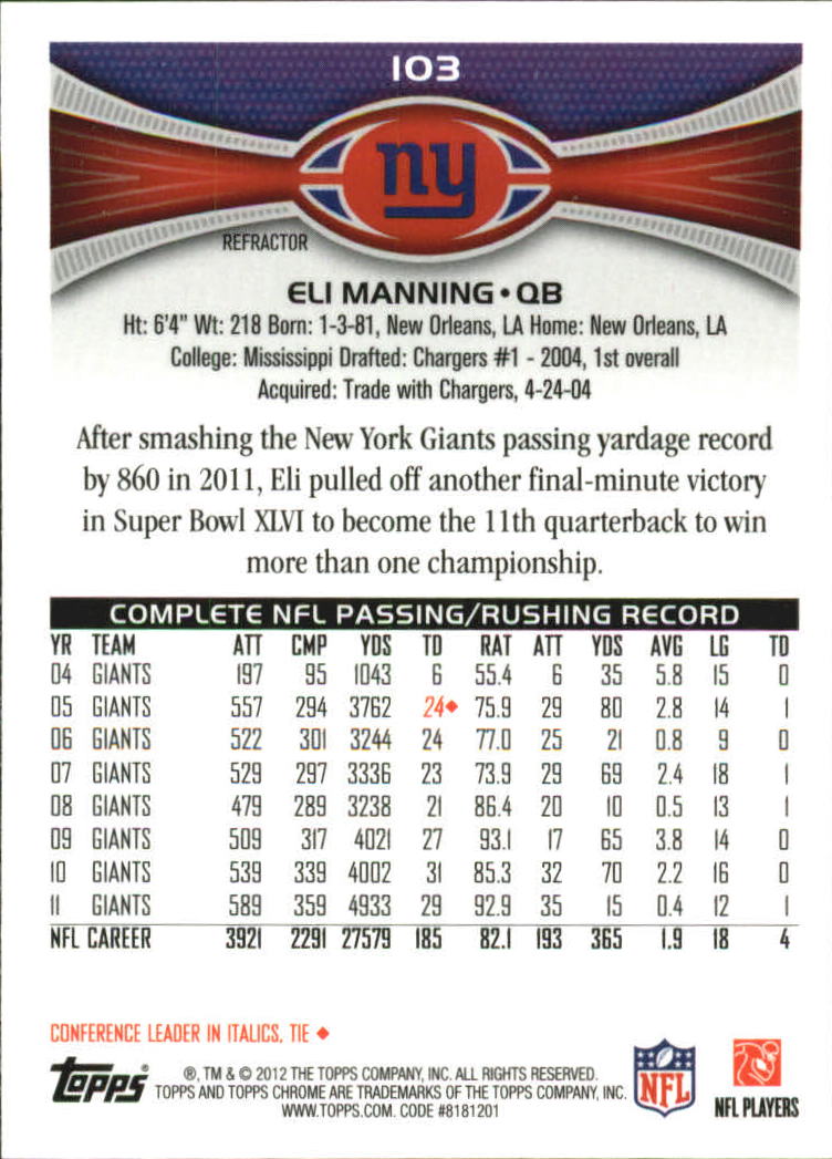 2012 Topps Chrome Football Part 2 Regular Refractors Parallel Cards - Picture 78 of 168