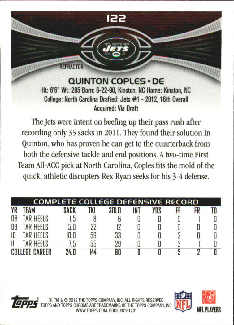 2012 Topps Chrome Football Part 2 Regular Refractors Parallel Cards - Picture 88 of 168