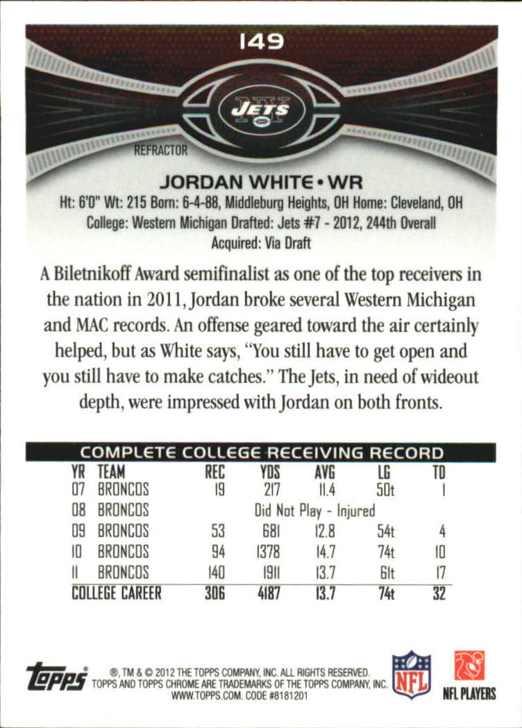 2012 Topps Chrome Football Part 2 Regular Refractors Parallel Cards - Picture 108 of 168