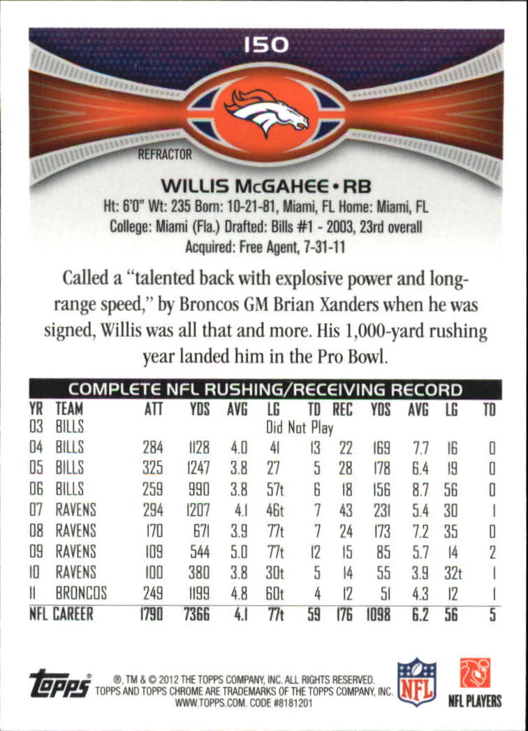 2012 Topps Chrome Football Part 2 Regular Refractors Parallel Cards - Picture 110 of 168