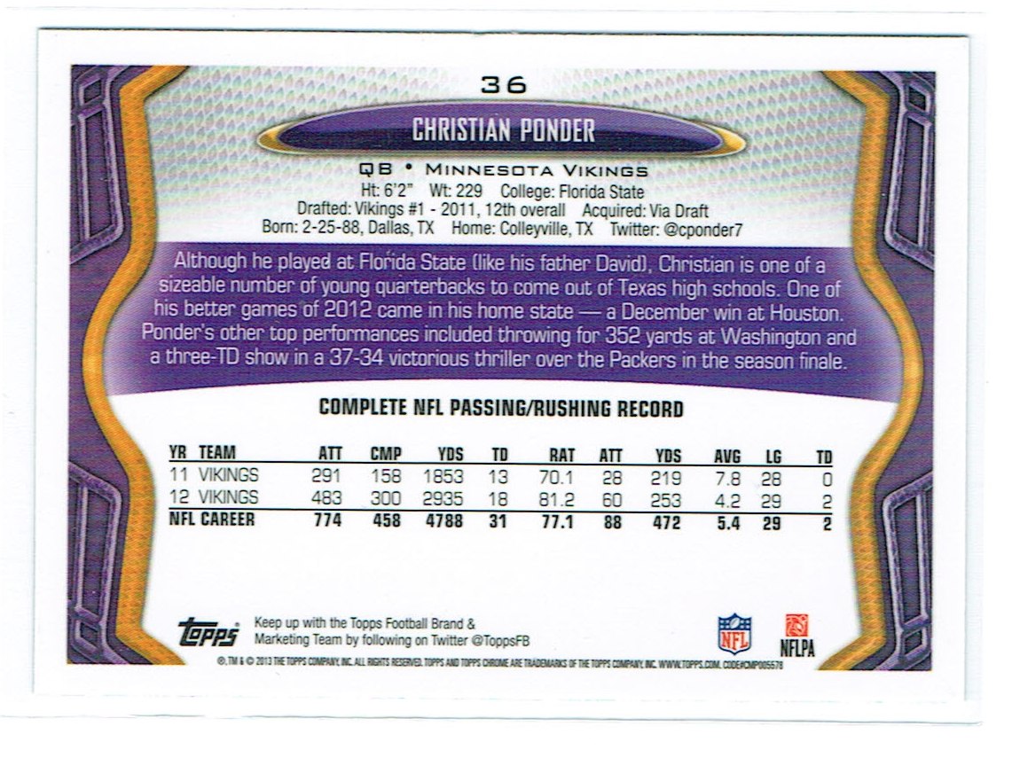 2013 Topps Chrome Football Part 1 Main Set Cards #1 to #220 - Picture 69 of 429