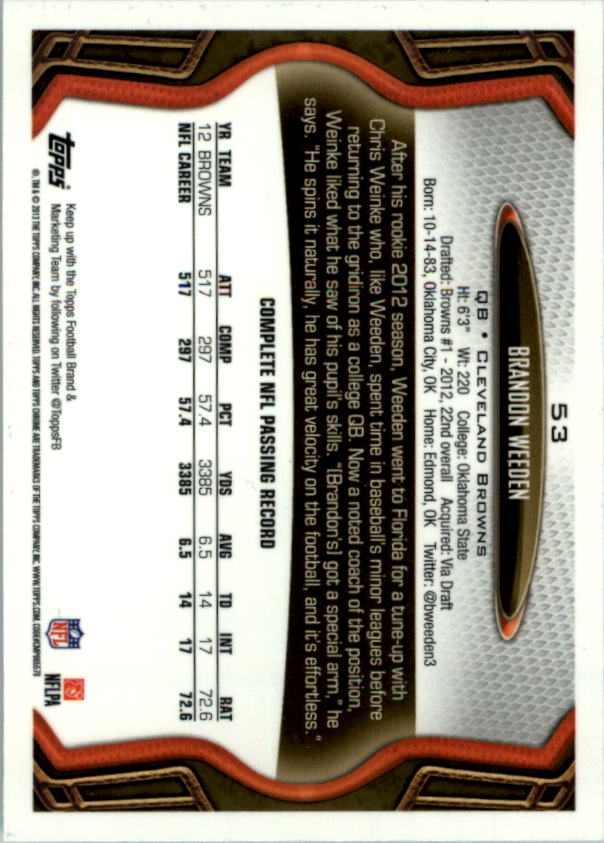 2013 Topps Chrome Football Part 1 Main Set Cards #1 to #220 - Picture 103 of 429