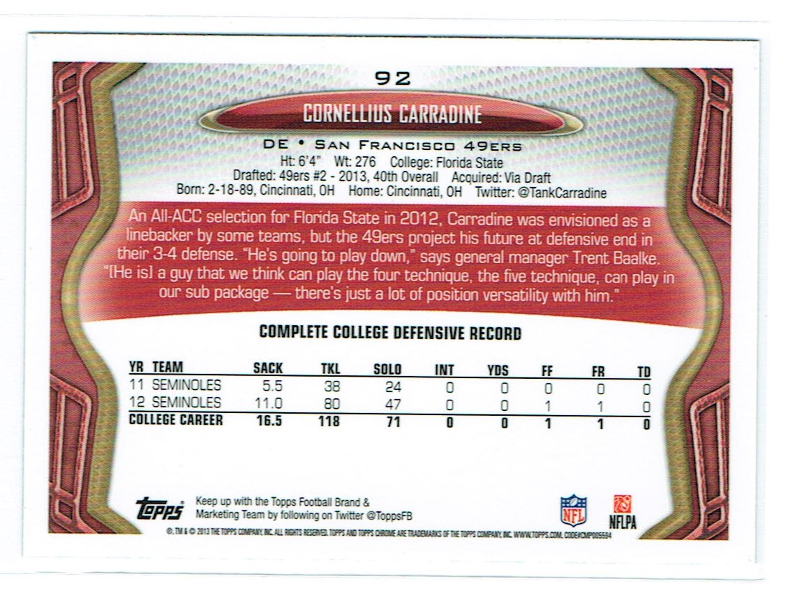 2013 Topps Chrome Football Part 1 Main Set Cards #1 to #220 - Picture 179 of 429