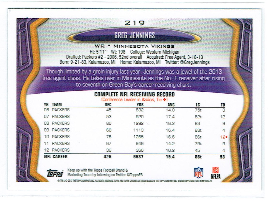2013 Topps Chrome Football Part 1 Main Set Cards #1 to #220 - Picture 427 of 429