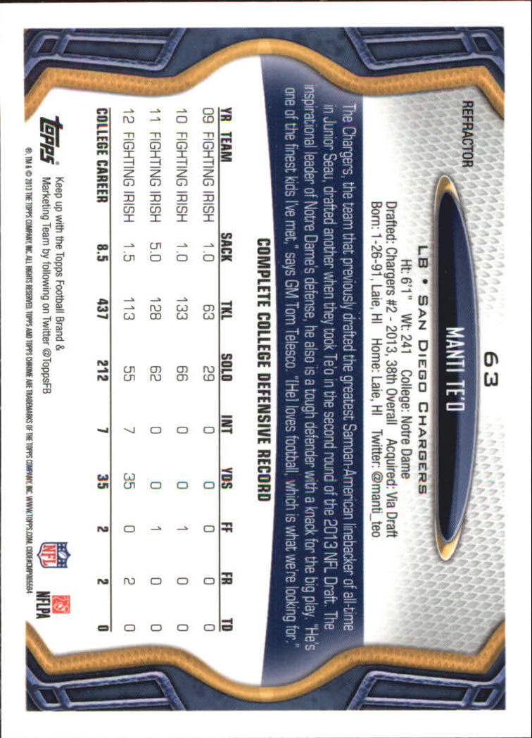 2013 Topps Chrome Football Part 2 Parallel Regular Refractors Cards #1 to #220 - Picture 65 of 246