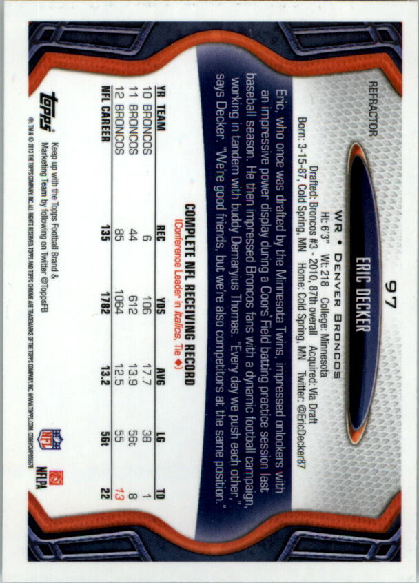 2013 Topps Chrome Football Part 2 Parallel Regular Refractors Cards #1 to #220 - Picture 94 of 246