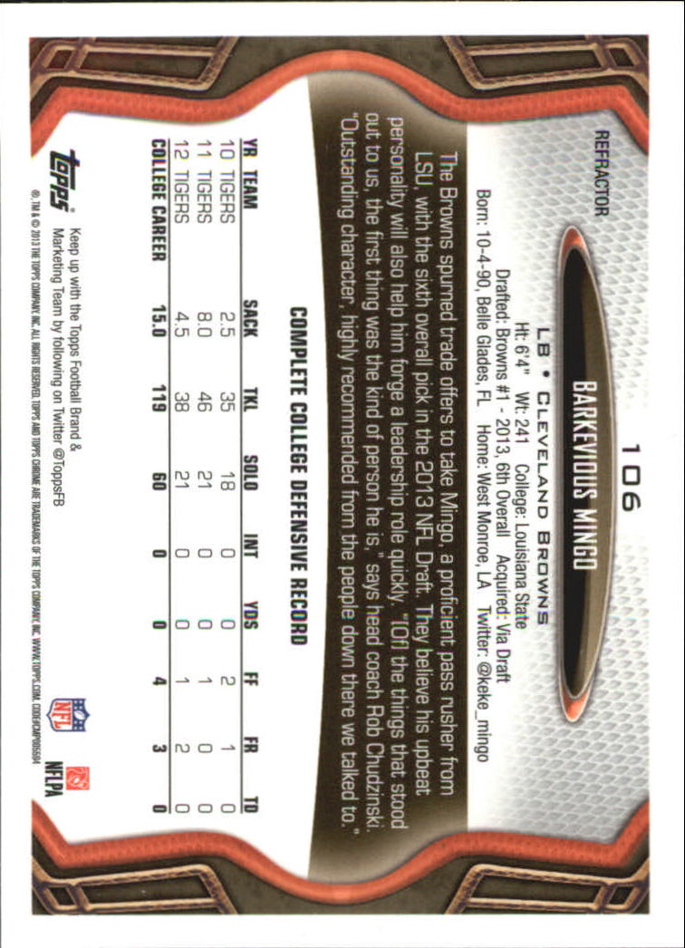 2013 Topps Chrome Football Part 2 Parallel Regular Refractors Cards #1 to #220 - Picture 108 of 246