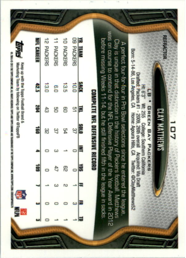 2013 Topps Chrome Football Part 2 Parallel Regular Refractors Cards #1 to #220 - Picture 110 of 246