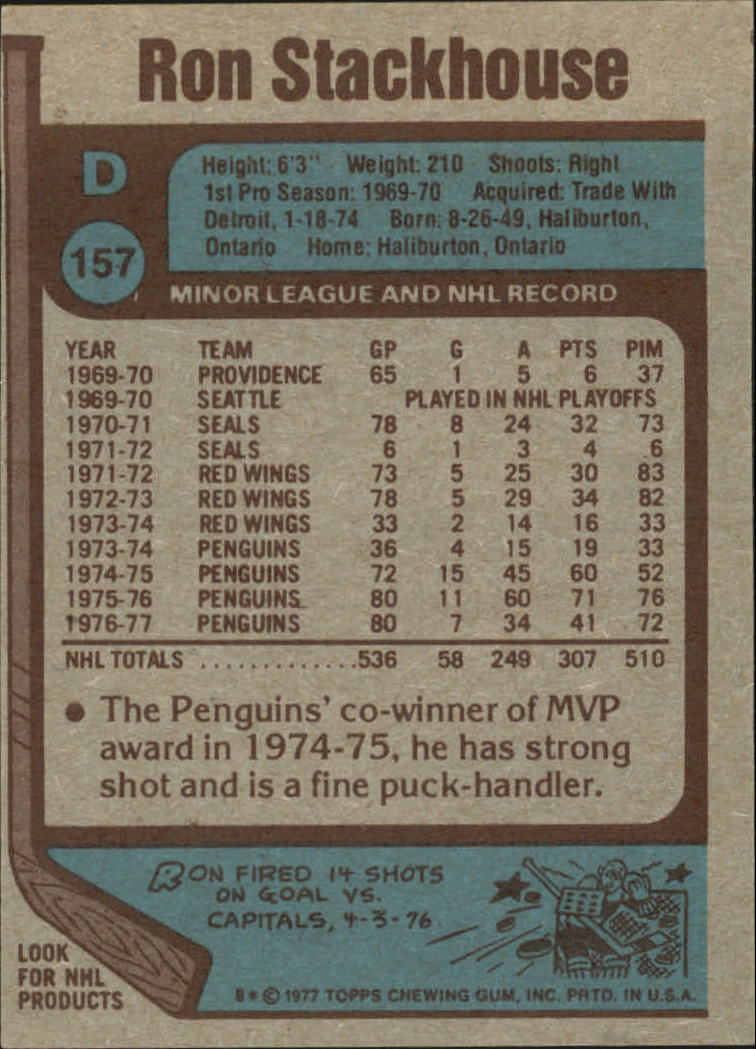 1977 O-Pee-Chee Regular (Hockey) Card# 157 Ron Stackhouse of the Pittsburgh  Penguins Ex Condition at 's Sports Collectibles Store