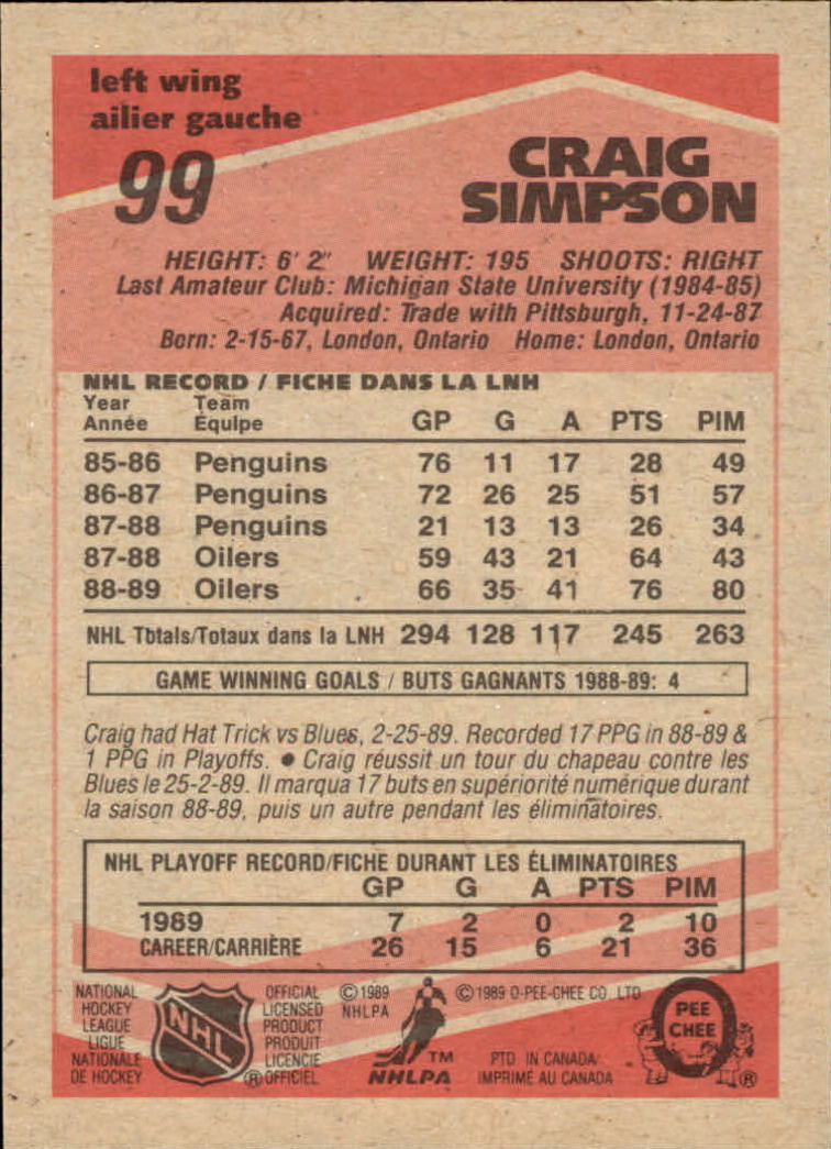 1989/1990 O-Pee-Chee Hockey Part 1 Main Set Cards #1 - #165 Rookies and Veterans - Picture 199 of 327