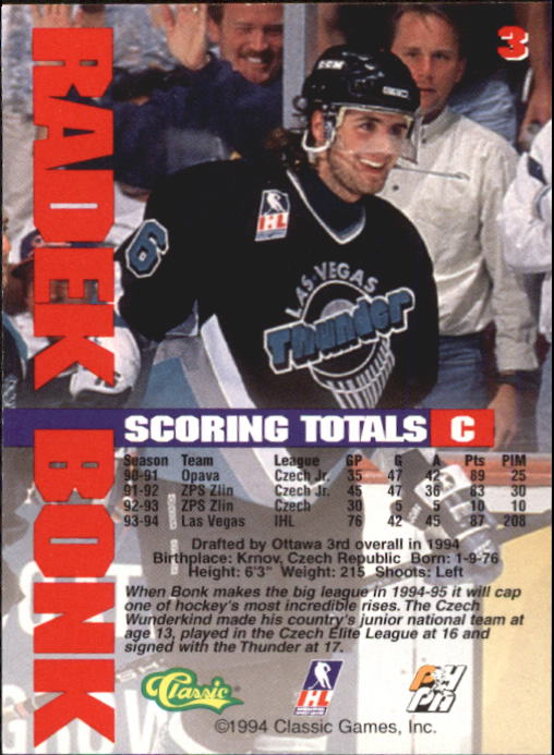 Sold at Auction: Las Vegas Thunder Radek Bonk 1993 Classic Games signed  trading card