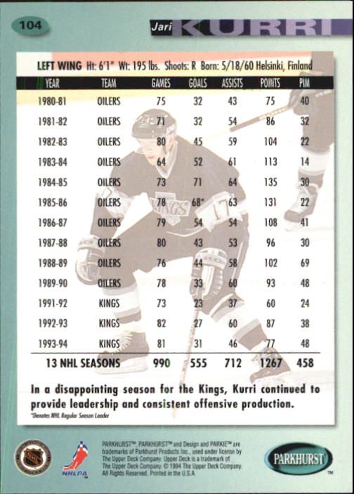 B0740- 1994-95 Parkhurst Hk Card #s 1-200 +Rookies -You Pick- 15+ FREE US SHIP - Picture 199 of 383
