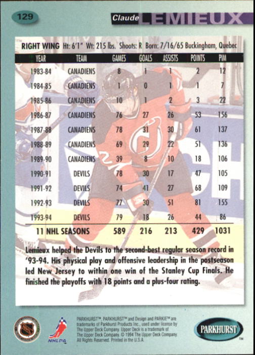 B0740- 1994-95 Parkhurst Hk Card #s 1-200 +Rookies -You Pick- 15+ FREE US SHIP - Picture 245 of 383