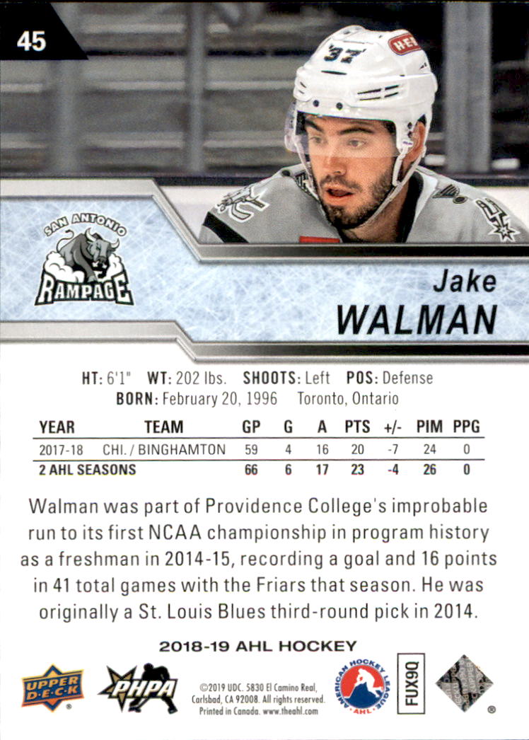2018-19 Upper Deck AHL #45 Jake Walman 