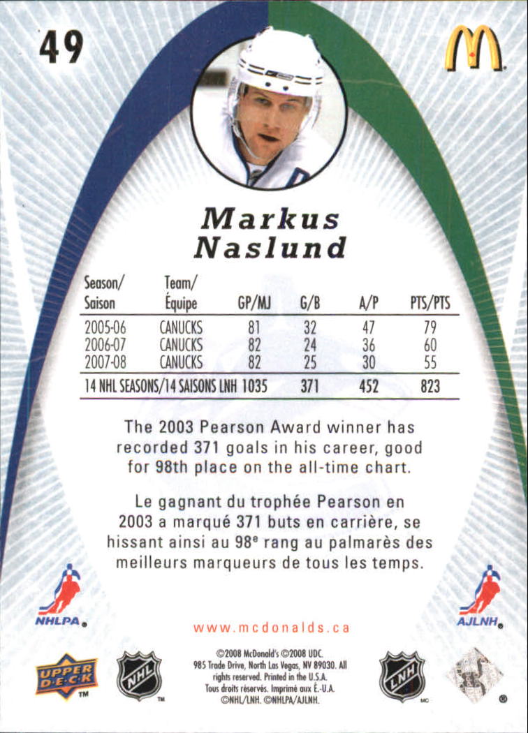 49 Markus Naslund Vancouver Canucks Mcdonalds 2008-09 Upper Deck