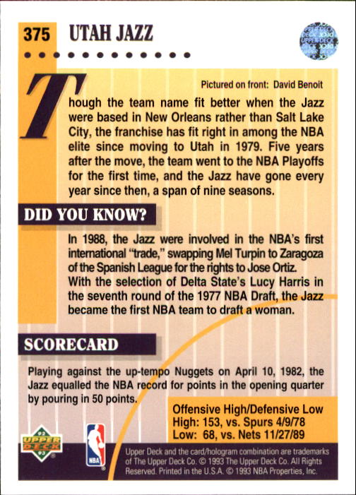 thumbnail 257  - 1992/1993 Upper Deck Basketball Part 2 Main Set Card #248 to #497