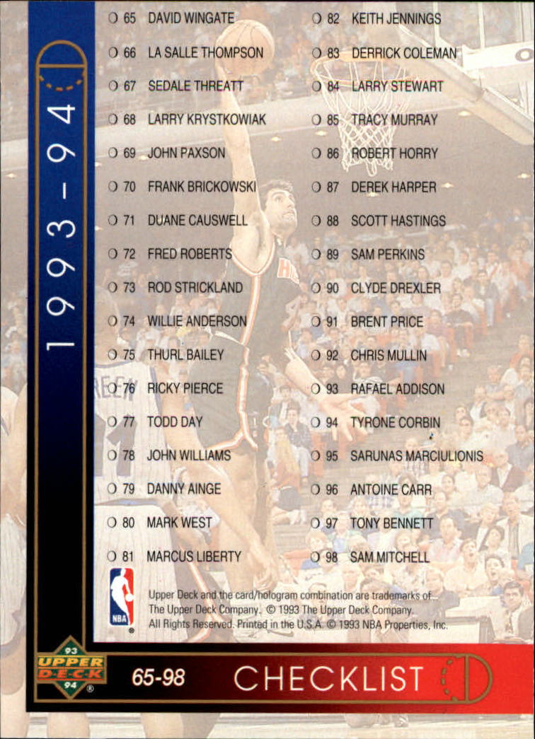 thumbnail 8  - 1993/1994 Upper Deck Basketball Part 2 Main Set Cards #250 to #499